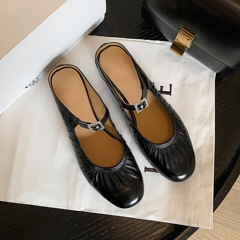 

3,5 см французский круглый носок средний толстый каблук плиссированные баотоу тапочки женские 2025 лето бежевые однопедальные мюли полутапочки 40 чёрный