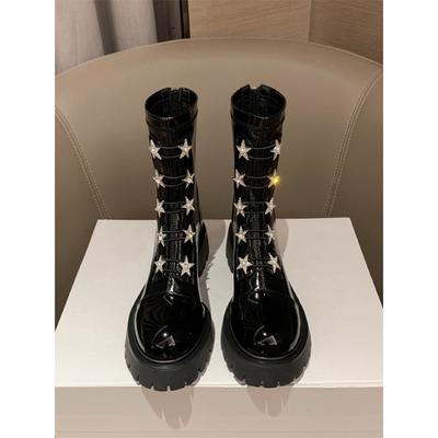 Ankle Boots Women Patent Leather Velvet Inside Star Rhinestone Designer Shoes for Women Zipper Thick Soled Mid-Tube Modern Boots