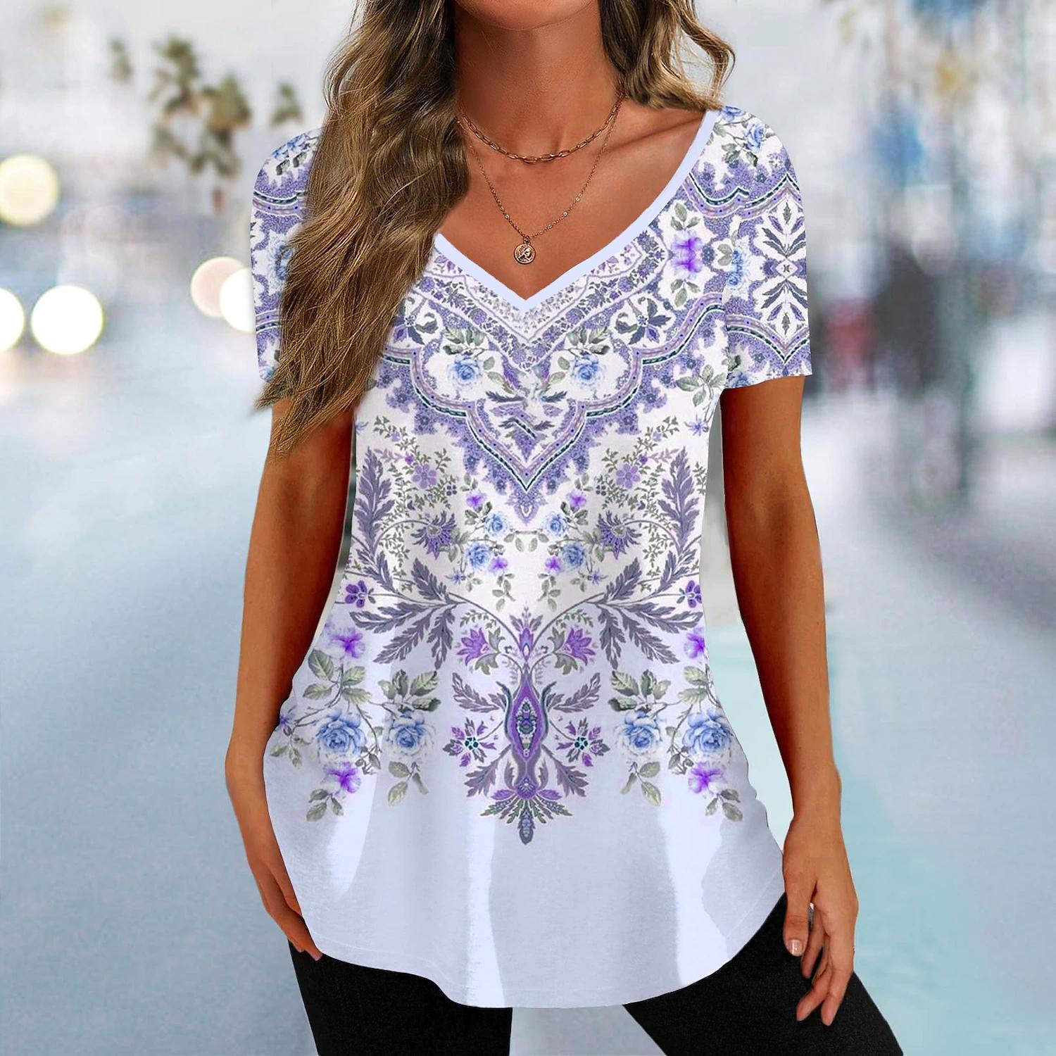 

Новая градиентная футболка для женщин, летние футболки с V-образным вырезом и коротким рукавом, свободный женский пуловер с цветочным принтом, блузка, женские топы оверсайз 2XL