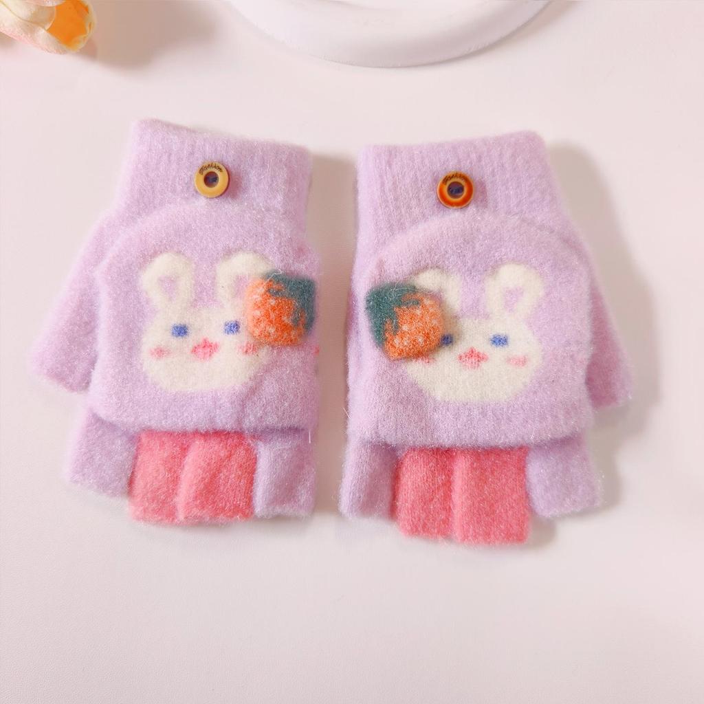 Girls' Cartoon Strawberry Rabbit Flip-Top Gloves - Warm Half-Finger, Autumn/Winter for Kids and Toddlers