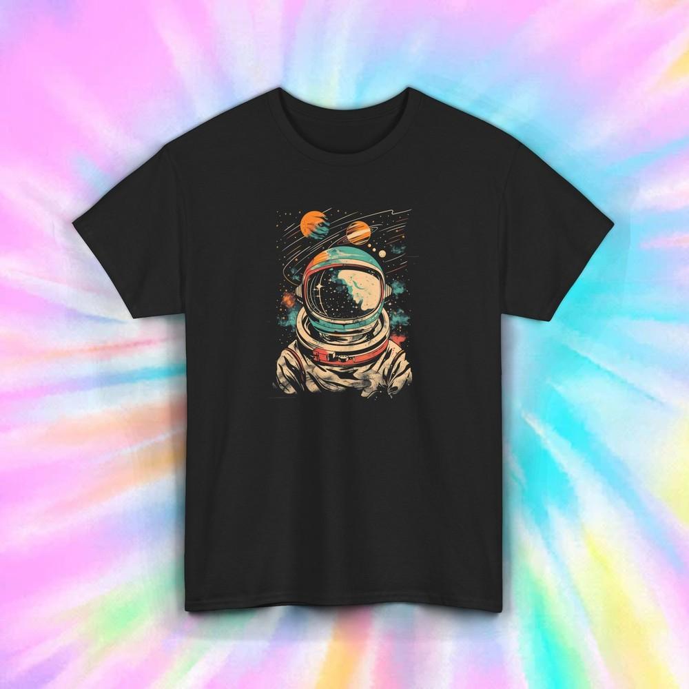 Retro Space Astronaut Shirt Cosmic Galaxy Planets Sci-Fi Art Tee S-5XL