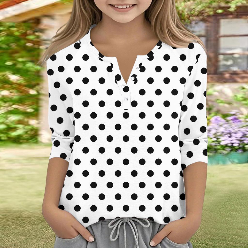 Print Tops For Youth Girls V Neck Button 3/4 Sleeves T-Shirts Trendy Tops Outfit Tees