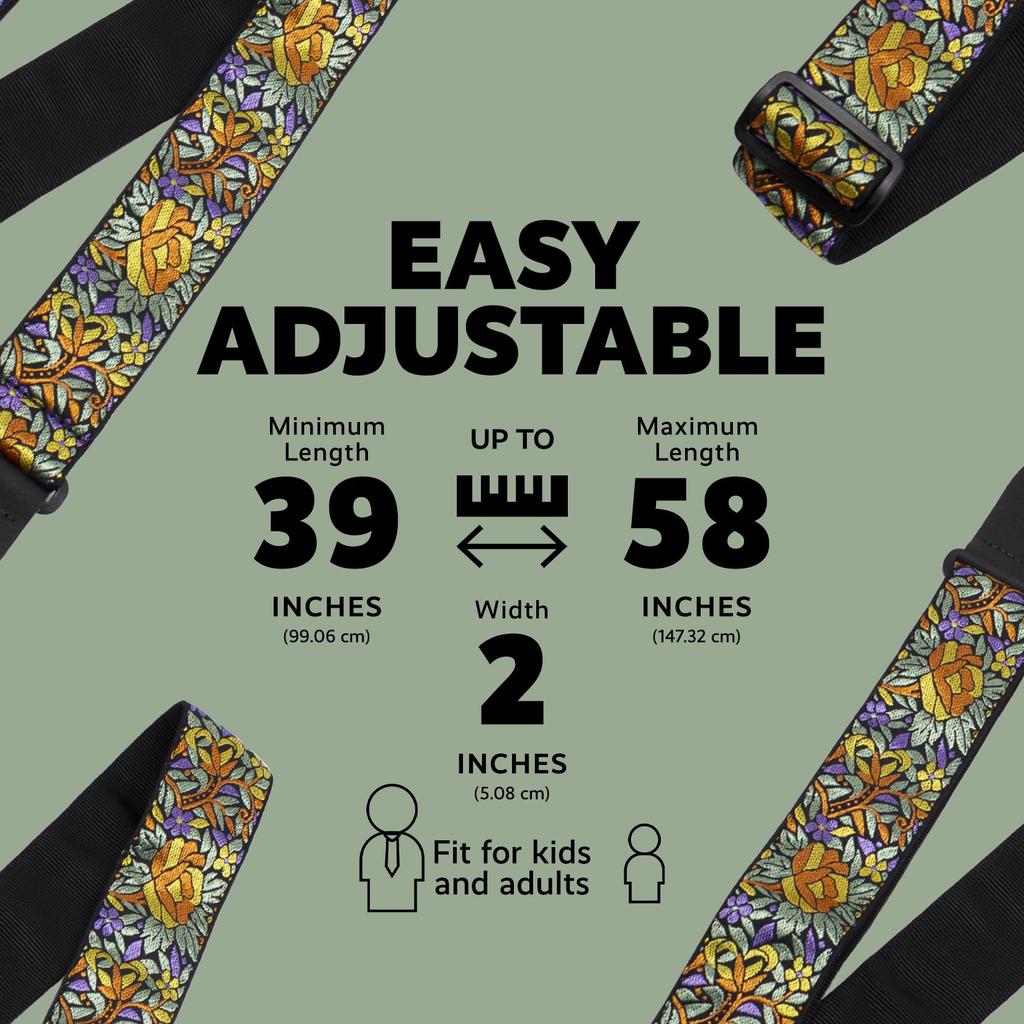 P Leathers Guitar Strap Nylon Floral Print Adjustable For and Electric Guitars Made In Canada Perri's Ltd. - - - Orange-Yellow - - Acoustic, Bass, -