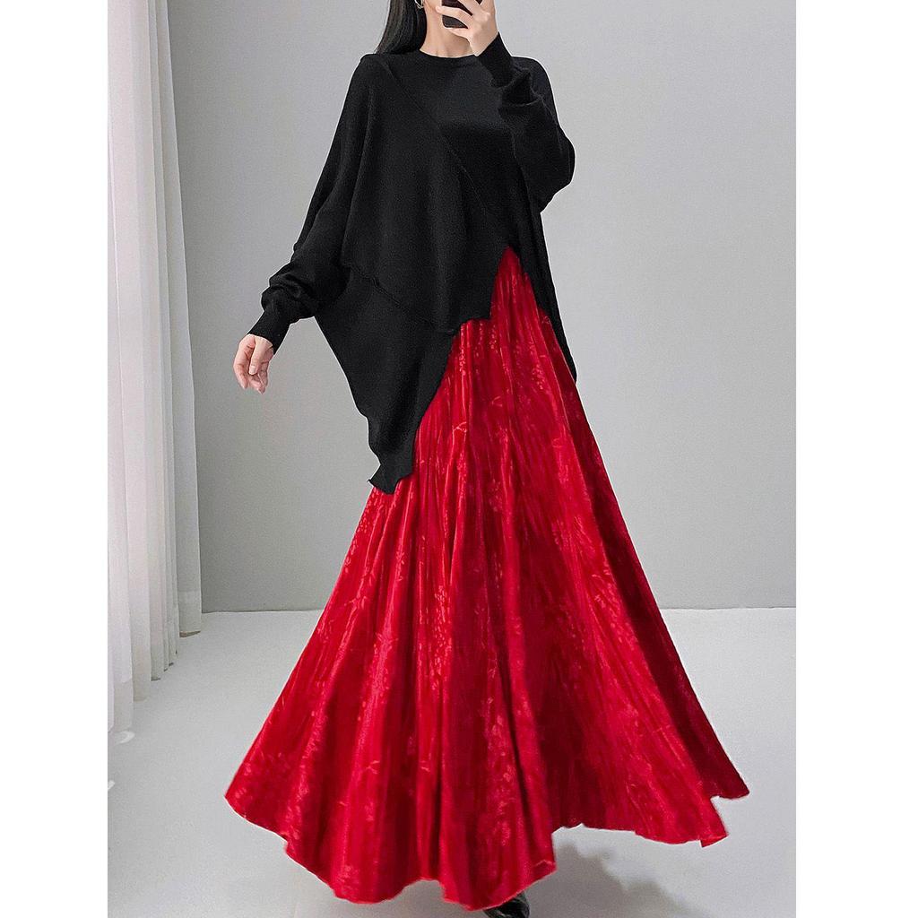 Autumn Winter Chinese Style Mermaid Half and Full-Length Skirt with Solid Color Print