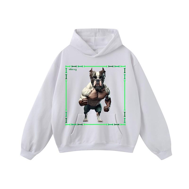 Mens Oversized Streetwear Hoodie With Dog Print Heavyweight Cotton Washed Vintage Style Loose Fit