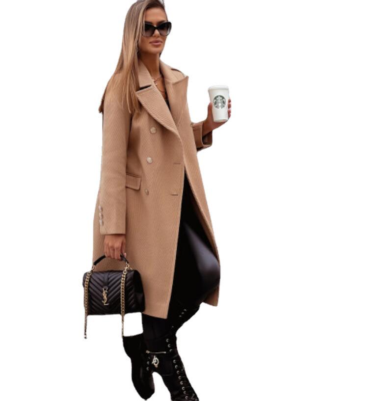 Women's Autumn/Winter Double-Breasted Long-Sleeve Woolen Coat with Simple European and American Design