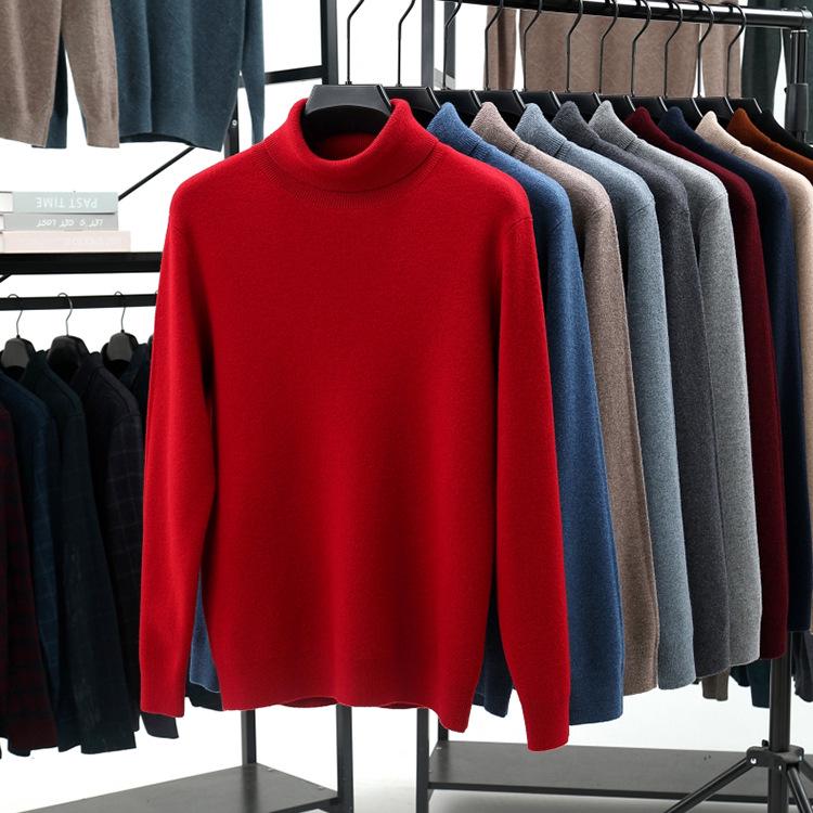 Men's 100% Pure Wool High Neck Loose Sweater - Warm, Thick Autumn/Winter Base Layer 