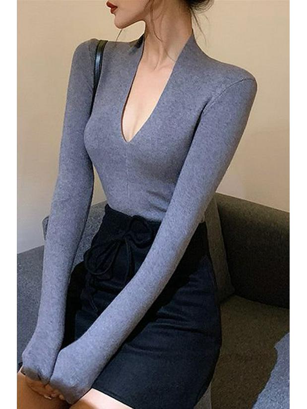 Women's Retro French Low-Cut Slimming Knit Long Sleeve Top