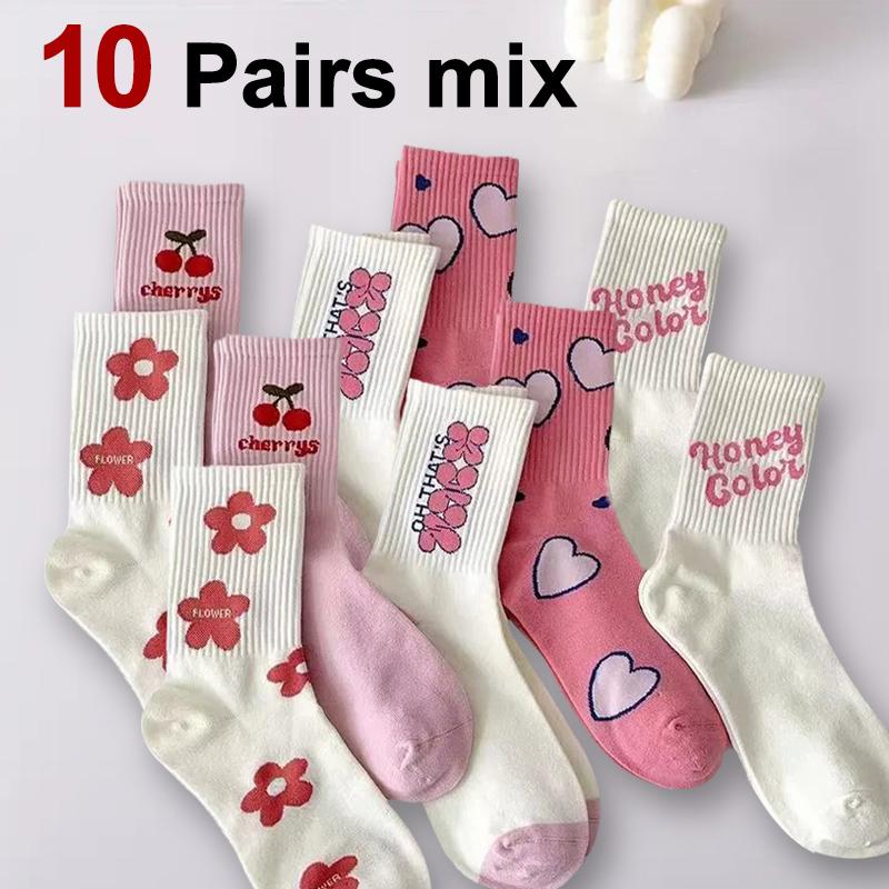 

5/10 пар женских носков средней длины с мультяшным принтом, модные носки с надписями и мелким цветочным принтом, розовые с вишней и сердечками, мягкие, удобные, повседневные носки One Size
