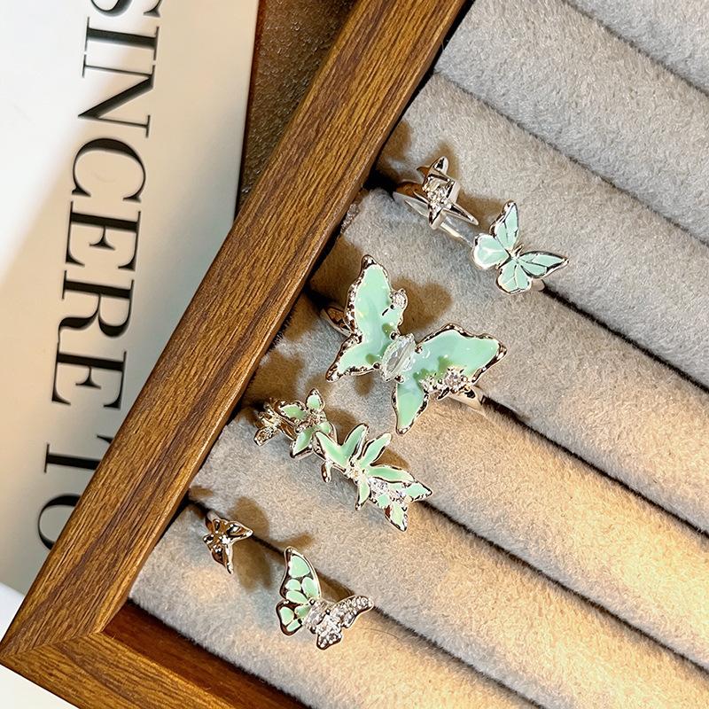 Mint Green Mambo‑Style Open Ring Mori Ethereal Vibe Enamel Butterfly Inlaid Zircon Niche Design Personalized Adjustable Stackable Decorative Ring