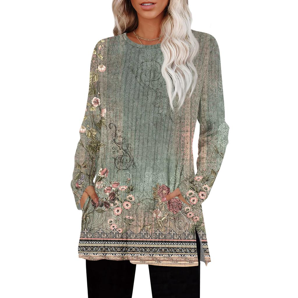 Damegensere Rund hals Langermet Skjorter Med Lommer Høstantrekk Mote Vinterklær Sideslisse