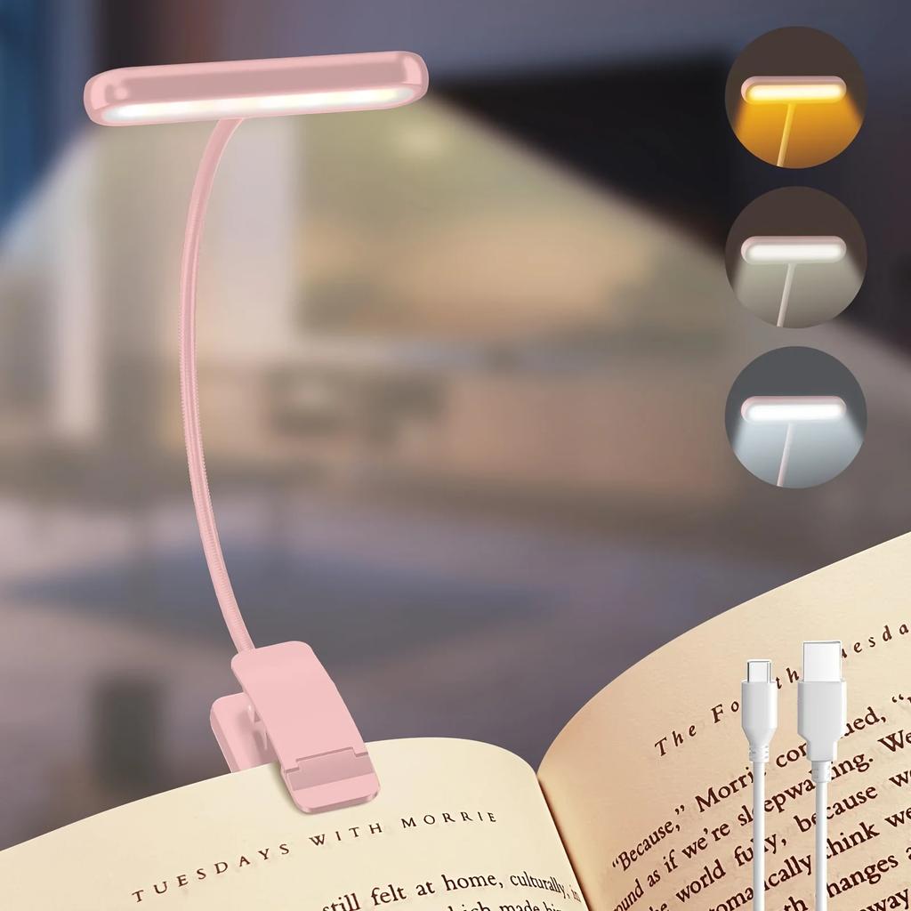 LED Book Light Reading Light Eye Caring Clip-on USB Rechargeable Dimmable Light Lamp Adjustable Flexible Night Reading Lamp