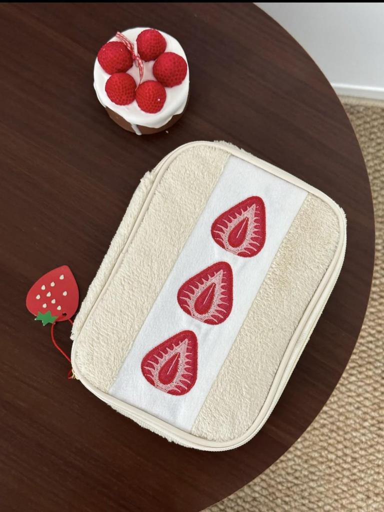 Women's Plush Embroidered Strawberry Cosmetic Bag - High Capacity & Quality