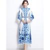 Frühling Herbst Damen Vintage Print Blau und Weiß Porzellan Laufsteg Kleider Langarm Einreiher Lang Maxi Party Hemdkleid