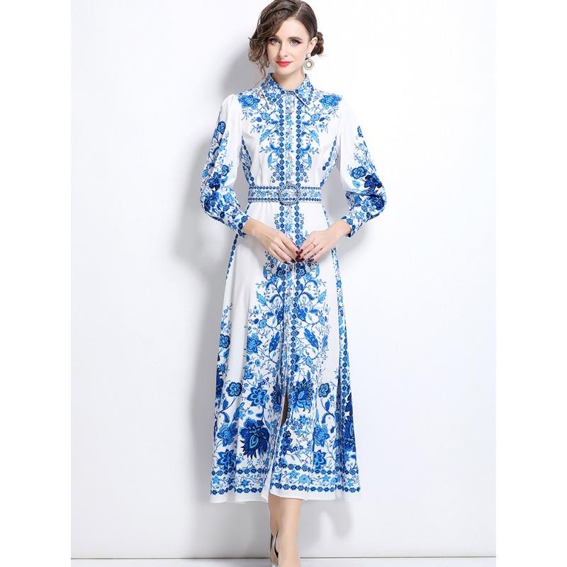 Frühling Herbst Damen Vintage Print Blau und Weiß Porzellan Laufsteg Kleider Langarm Einreiher Lang Maxi Party Hemdkleid