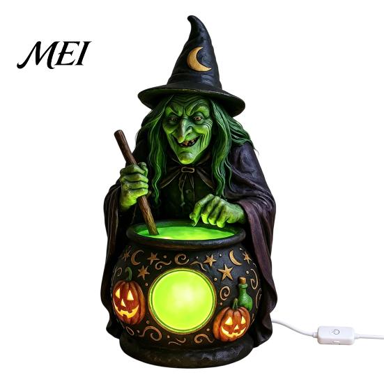 Retro Hexenhandwerk Dekoration Halloween Statue mit leuchtendem Kessel, USB-betrieben Harz Schwarze gruselige Schreibtisch Topf Figur Grün/Lila LED-Licht für B