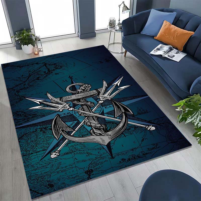 Large, Non-slip Decorative Rug Featuring a Classic Vintage Nautical Anchor Pattern.