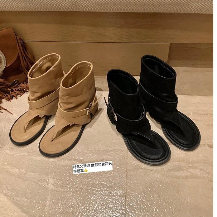 Cowhide version~ Grape mother toe short leather cool boots women wear Roman fashionable babes round head flat sandals