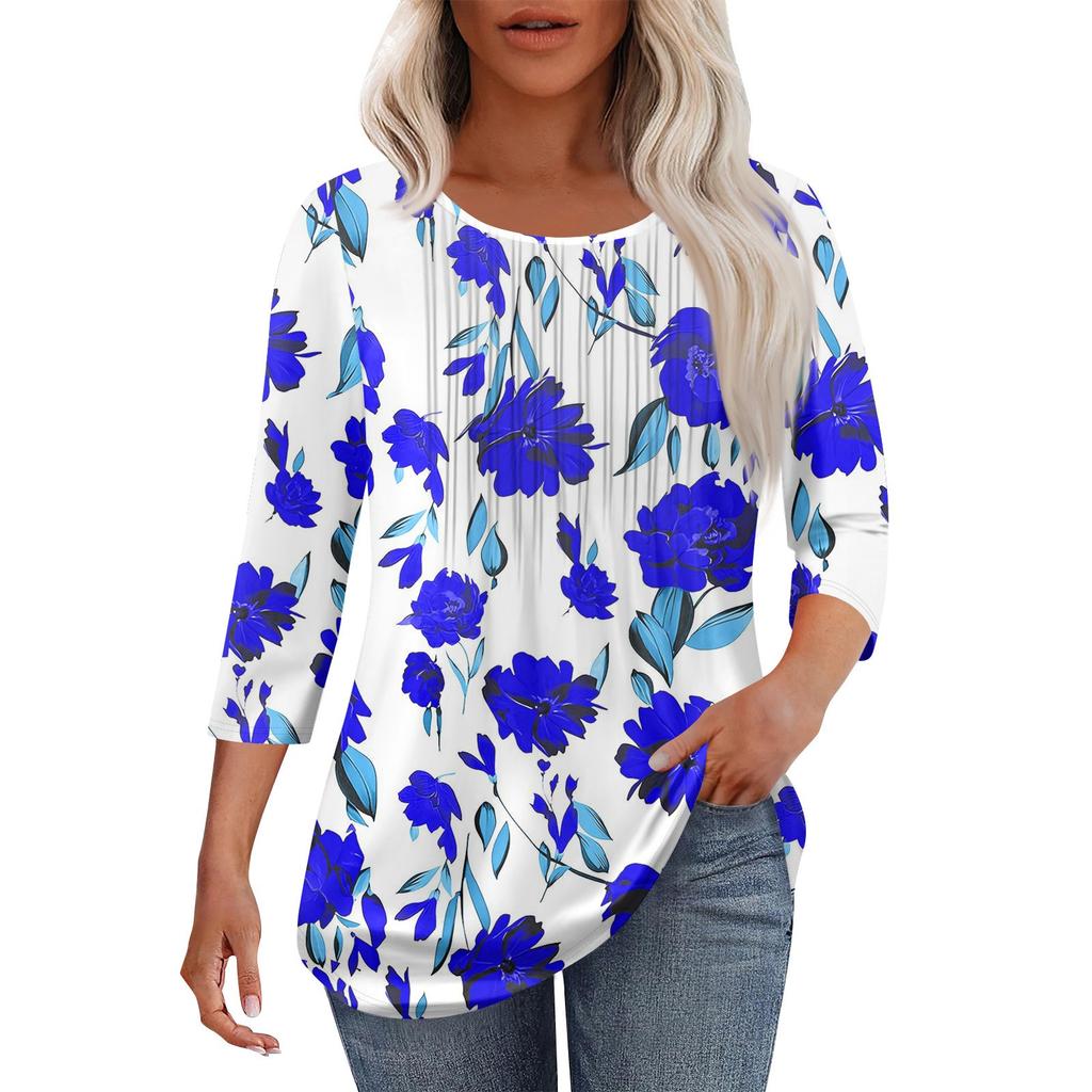 Women's Fashionable Casual Pleated Round Neck Casual Floral Print Seven Quarter Sleeved T-shirt Top
