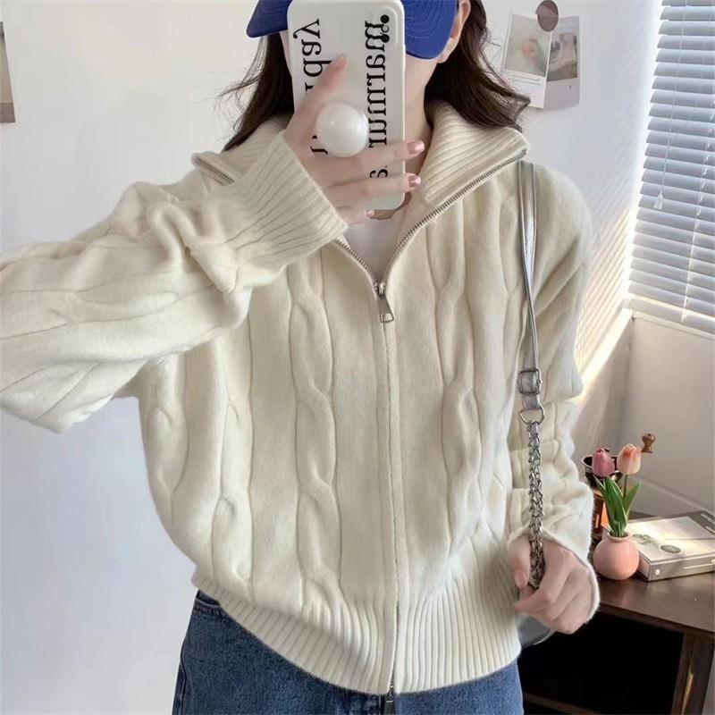 

Винтажный кардиган-свитер с высоким воротником и переплетением, женский осенне-зимний, с двойной молнией, короткий вязаный топ, плотный One size