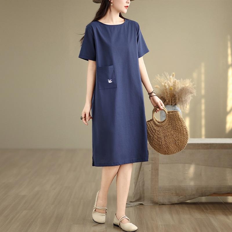Short Sleeve Plus Size Cotton Vintage Embroidery New In Dresses for Women Casual Loose Midi Summer Dress