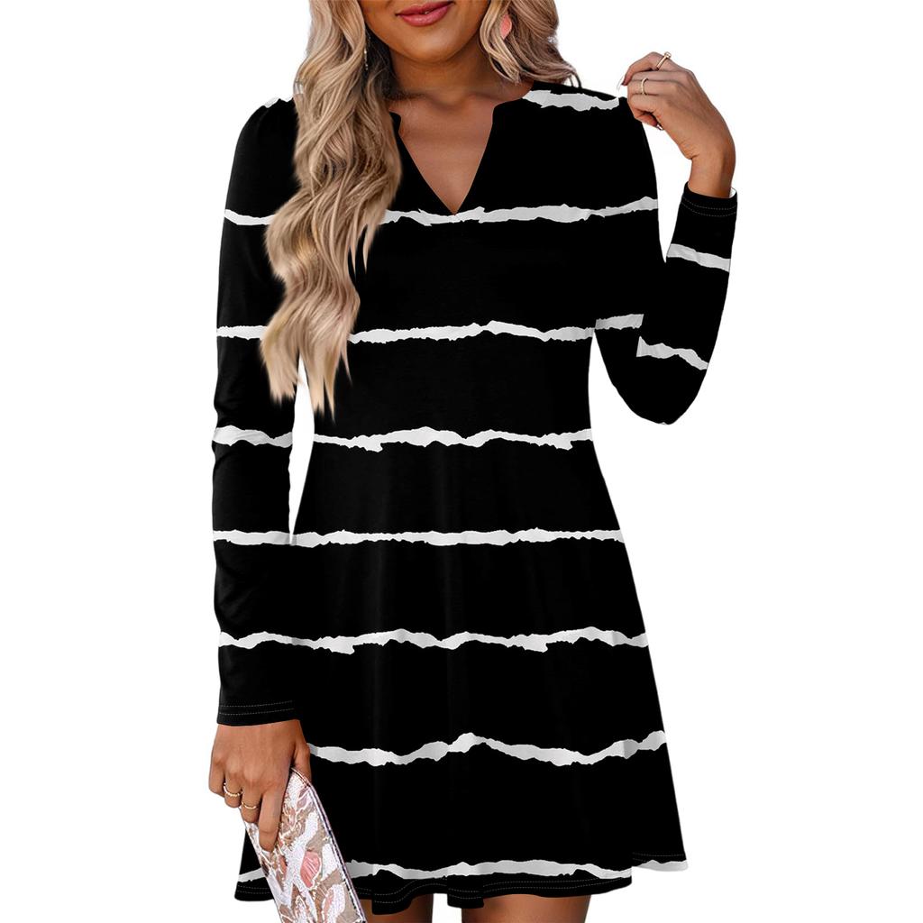 Women's Fashion Striped V-Neck Long Sleeve  Dress