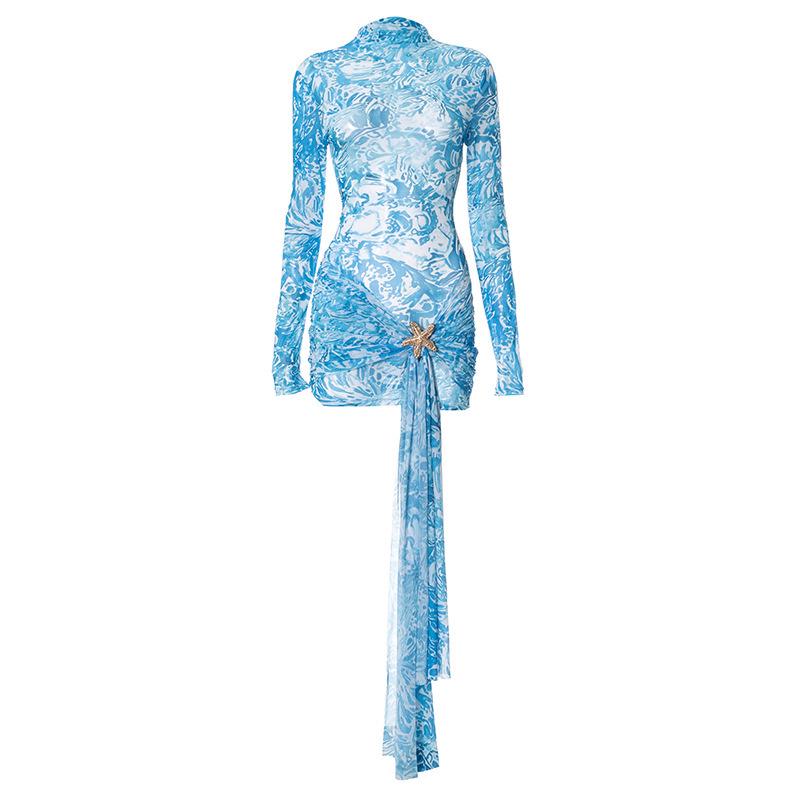 European Women's Summer Mesh Starfish Print Slim Dress with Sashes