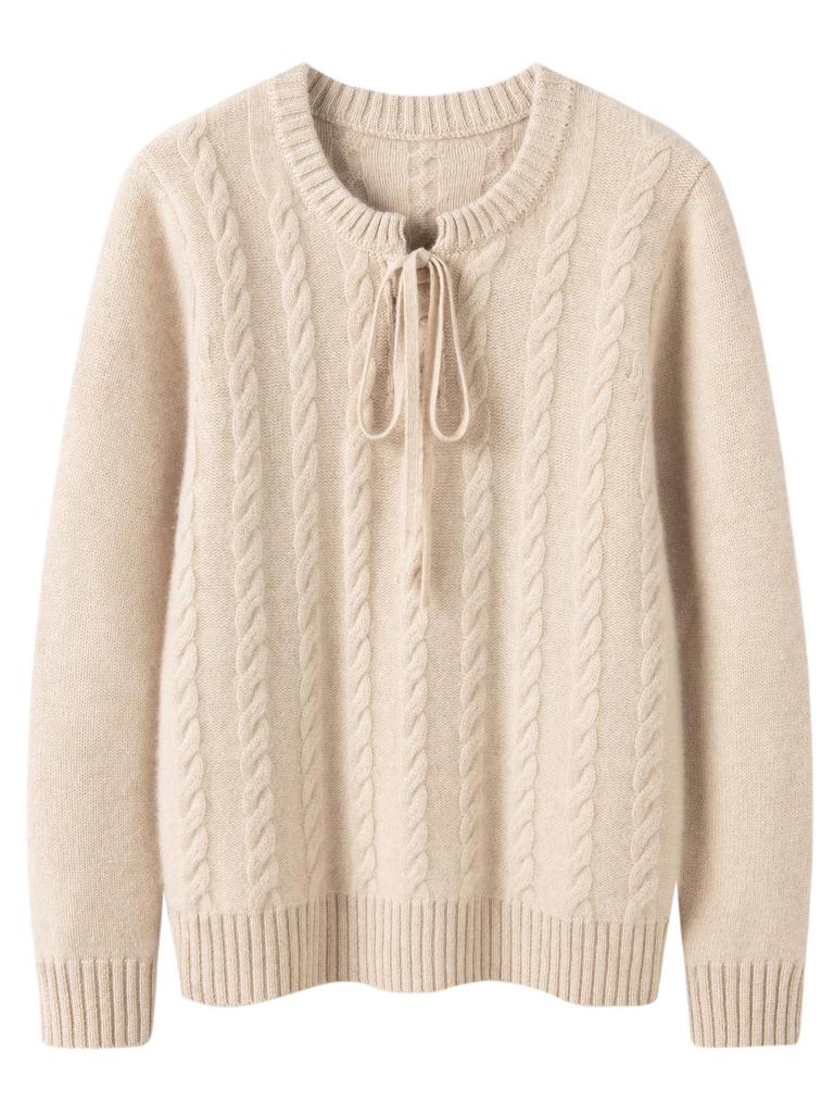 Women's Autumn/Winter 2026 Cashmere Cable Knit Lace-Up Sweater - Round Neck, Loose Fit, Slimming, Gentle Style.