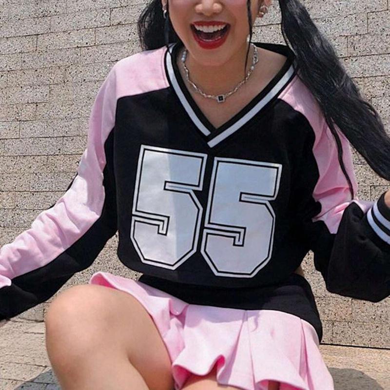 European and American sports style digital printed ball jersey loose long sleeved street V-neck personalized short top