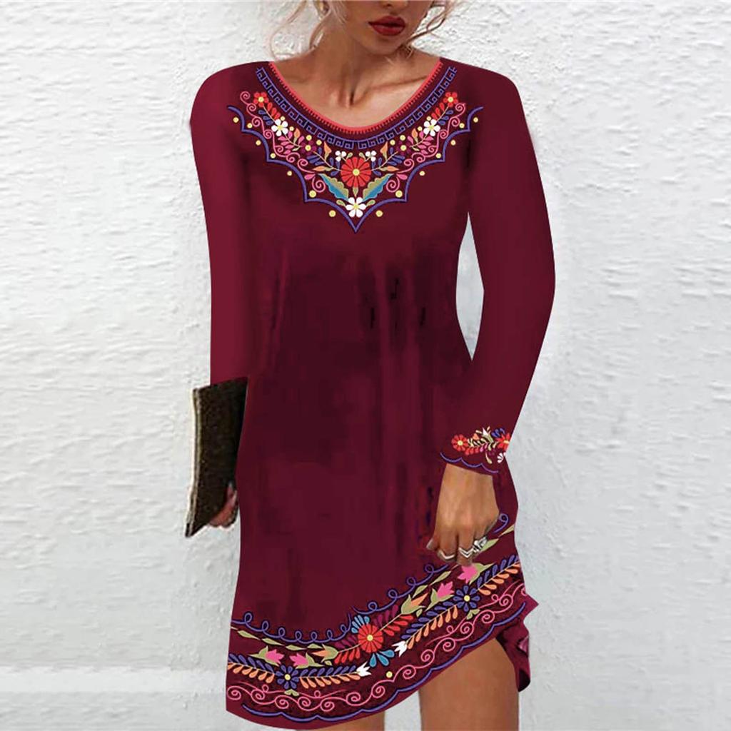 Women's  Retro Printing  O-Neck Long Sleeve Ethnic Style Comfy Casual Dress