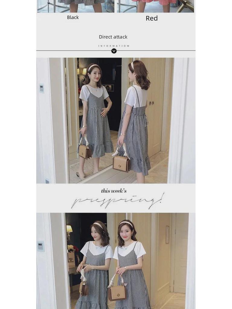 Plus Size Korean Plaid Maternity Dress - Short Sleeve, Loose Fit, Round Neck, Two-Piece Look