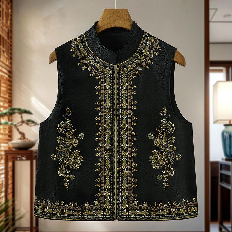 

Chinese Ethnic Retro Stand Collar Embroidered Vest - Spring/Summer Fashion L, for 100-115 jin чёрный