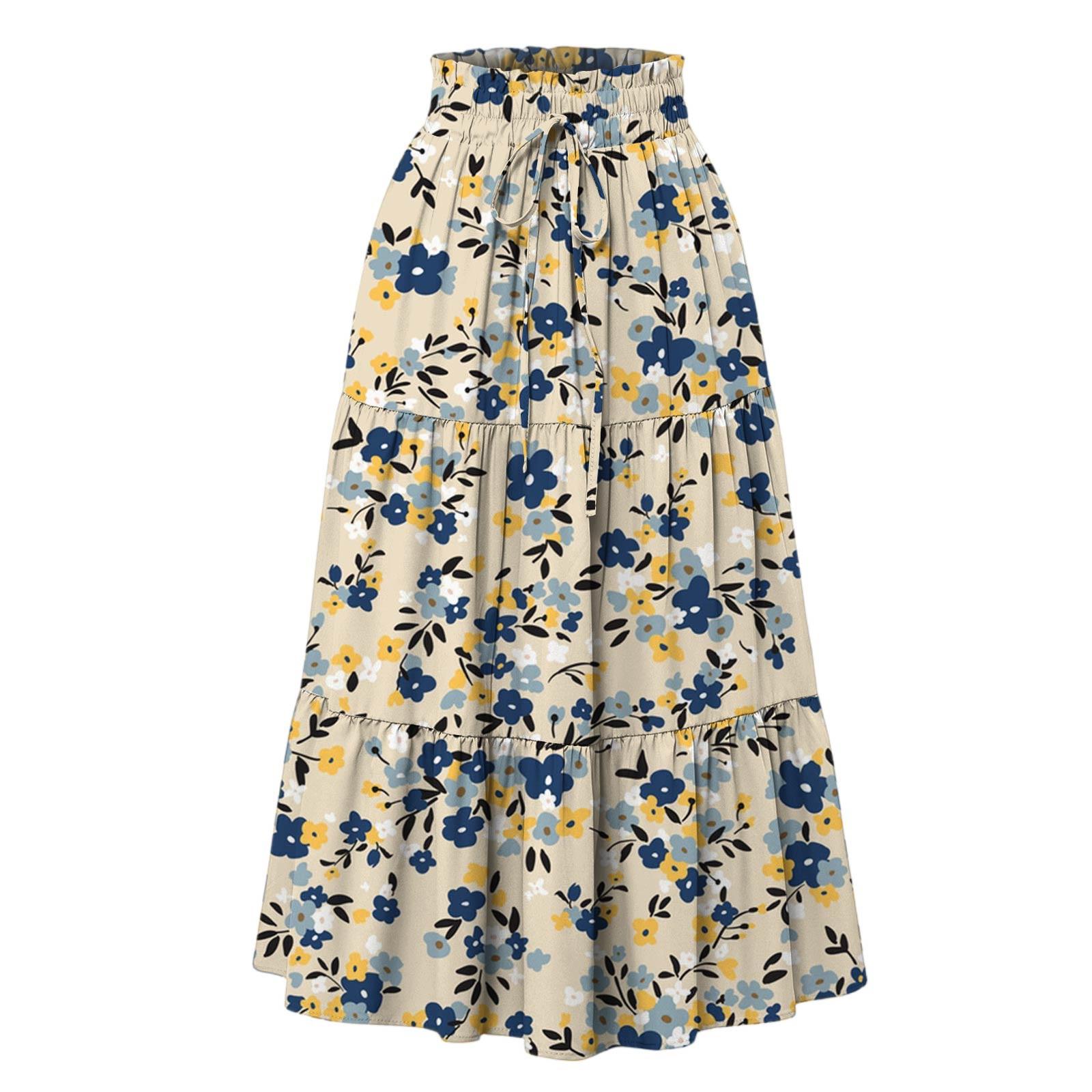 

Женская модная юбка свободного покроя с цветочным принтом и эластичным поясом без карманов S бежевый