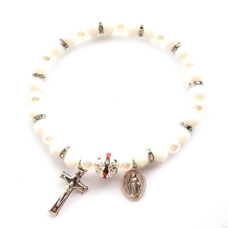 Bracelet Rosaire Extensible à Perles 62KD Religieux pour Bracelet Croix Perle de Cristal Vert