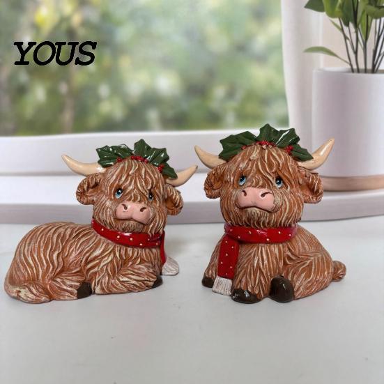 Winter Window Sill Accents 2Pcs Christmas Highland Cow Figurine, Resin Yak Statue with Red Gift for Lovers Scarf, Cute Animal Desktop Ornaments