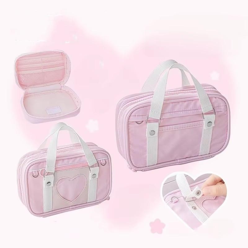 

Каваий Повседневный Ретро Сумка для хранения скрапбука для детей, девочек, для школьной формы, с окошками в форме сердца, органайзер для канцелярских принадлежностей, переносной пенал розовый