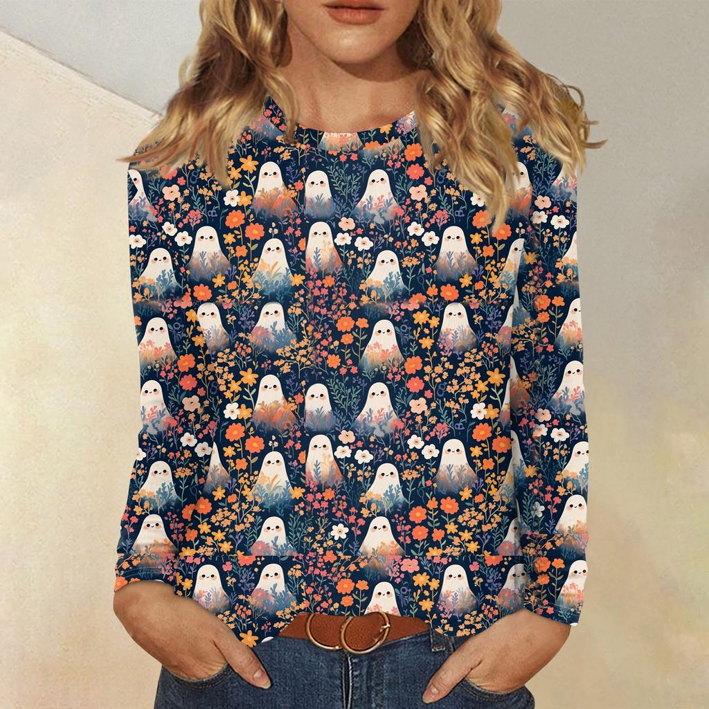 Langarmshirts Für Damen Niedliche Halloween-Print Grafik-T-Shirts Blusen Lässig Große Größen Basis-Oberteile Pullover