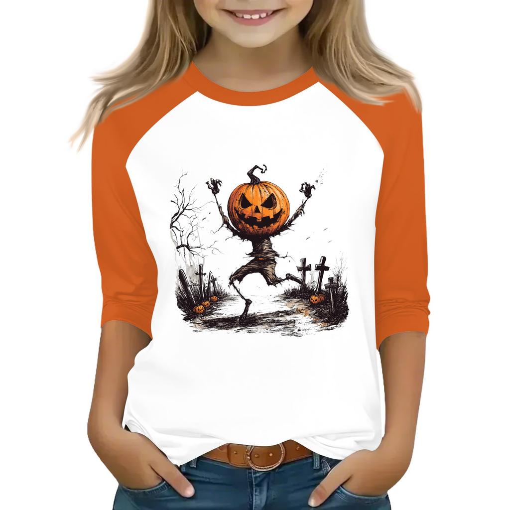 Tops For Youth Girls 4-16 Years Round Neck 3/4 Sleeves T-Shirts Trendy Tops Outfit Tees Halloween Day