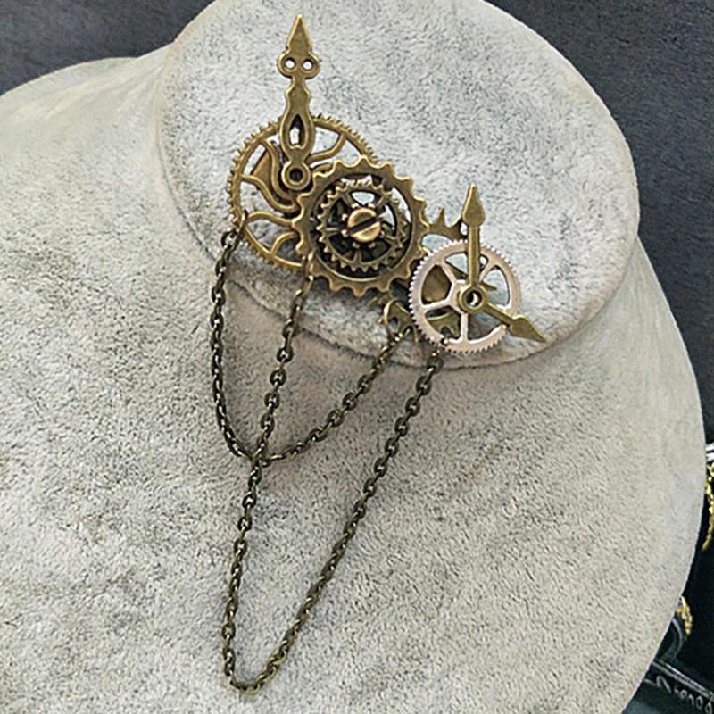 Retro Steampunk Gear Brooches Gear Tassel Chain Lapel Pins Men Shirt Suit Badge Jewelry Accessories