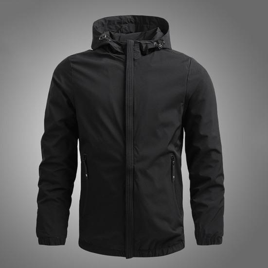 Pánská bunda Jednobarevná bunda s kapucí, dlouhým rukávem, bunda s kapsami, léga na zip, větruodolná, voděodolná, svrchní oblečení na běhání