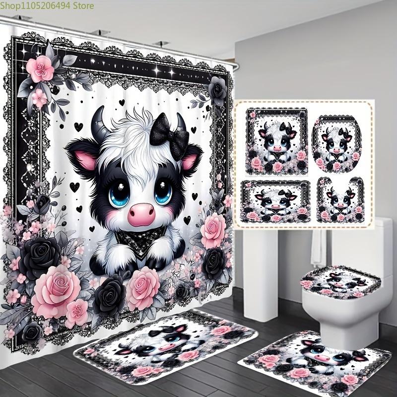 

1pc/3pcs/4pcs Cartoon Cute Bow Calf Pattern Bathroom Shower Curtain 4pcs-Set
