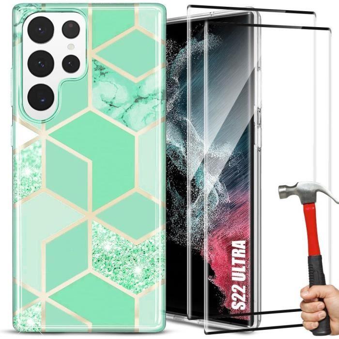 Coque de protection - Samsung - Galaxy S22 Ultra - Marbre Turquoise - Antichoc - 2 Verres Trempés