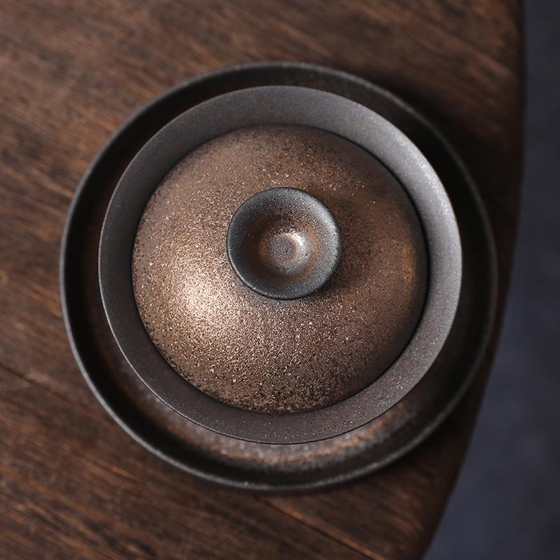 Imitation Wood-Fired Gaiwan Tea Set: Retro Old Rock Mud Three-Piece Kung Fu Tea Cup and Bowl with Free Shipping