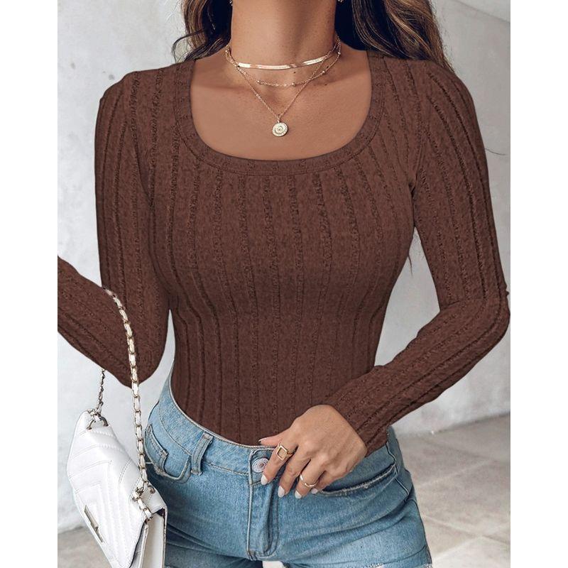 Autumn New European and American Amazon Fashion Solid round Neck Temperament Slim fit Long sleeves Shirt Top Bottoming Shirt Multi-Color