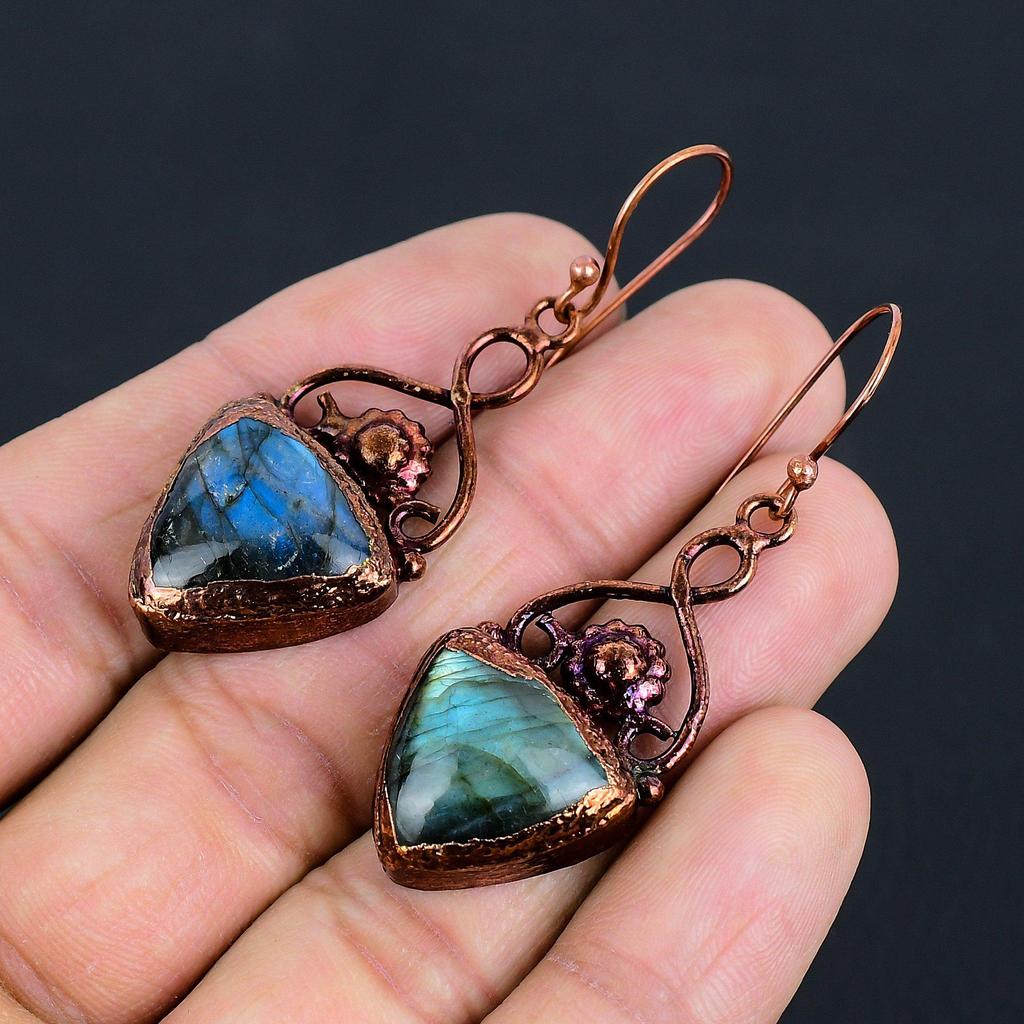 Labradorite Handmade Gemstone Earrings, Copper Electroformed Antique Jewelry Earrings, For Engagement Gift