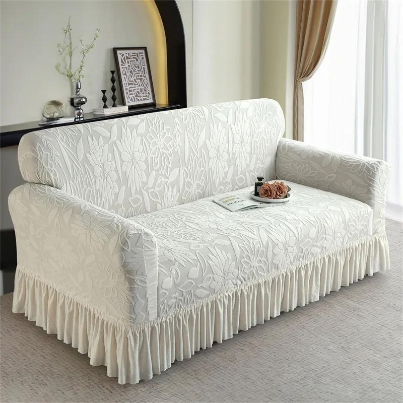 1Pc Luxury Jacquard Sofa Cover With Ruffle Non-Slip Dustproof For 1-4 Seater Sofa Machine Washable All-Season Home Decorations