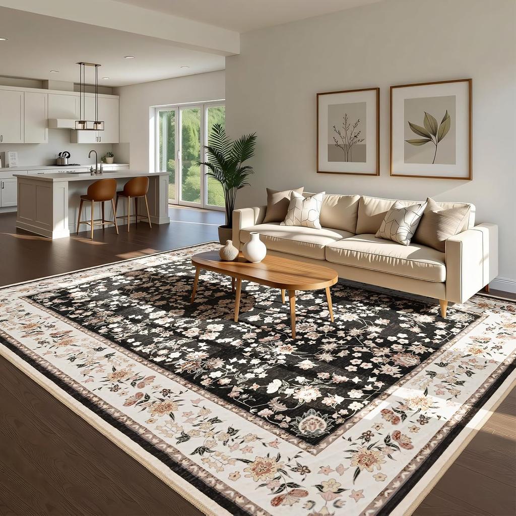Area Rugs for Living Room, Machine Washable Vintage Rug, Non-Slip Low Pile Throw Rugs with Rubber Backing Washable Carpet