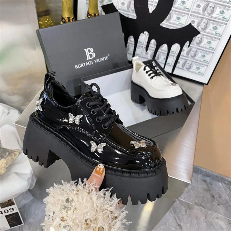 Muffin bottom Heavy industry butterfly patent leather lace-up thick heel thick sole British style fashion lace-up single shoes