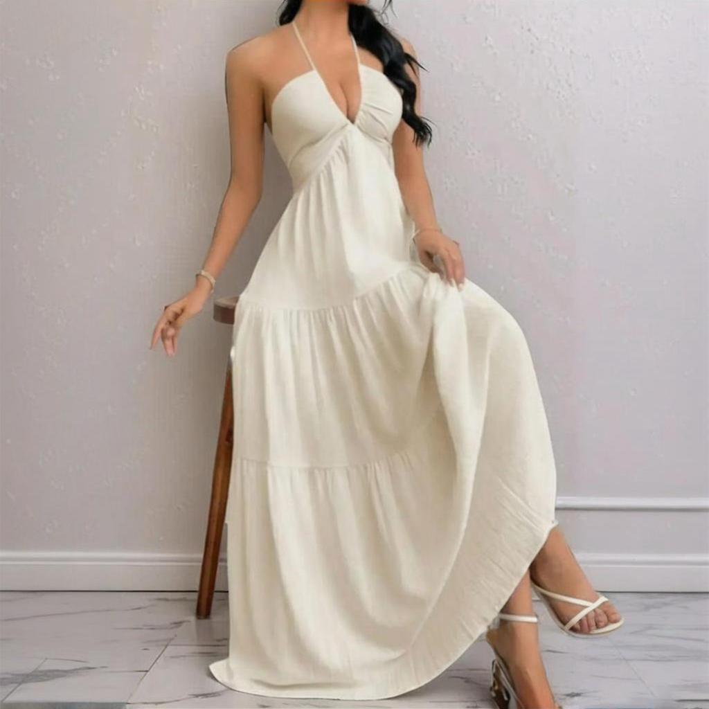 Maxi Abito da Donna Senza Maniche con Scollo all'Americana Schiena Scoperta con Lacci Estivo da Spiaggia Casual Lungo per Vacanze e Tempo Libero