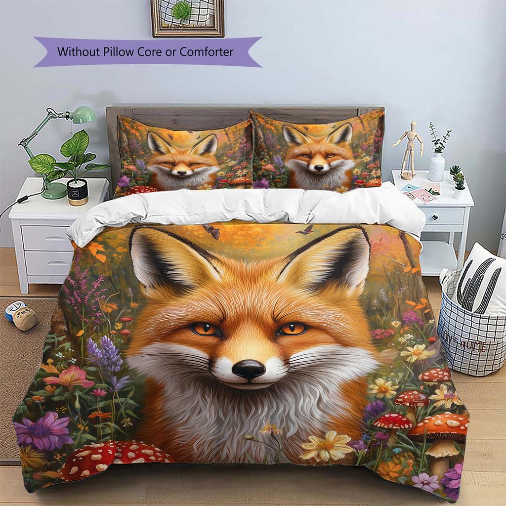 Red Fox with Mushrooms Pattern Bedding Quilt Set Home Decoration Gift (1 * duvet cover + 2 * pillowcase without core)